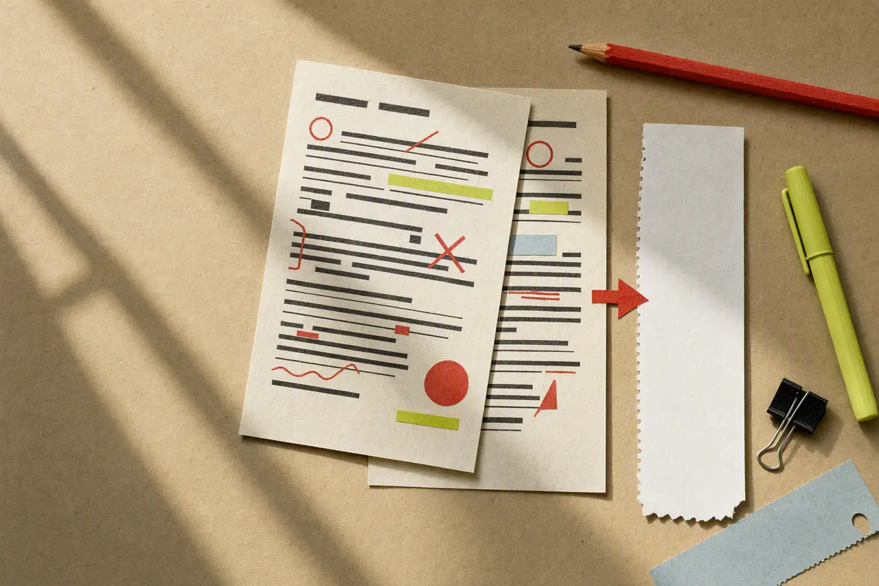 Marked-up paper drafts beside a blank receipt strip, red pencil, and lime highlighter